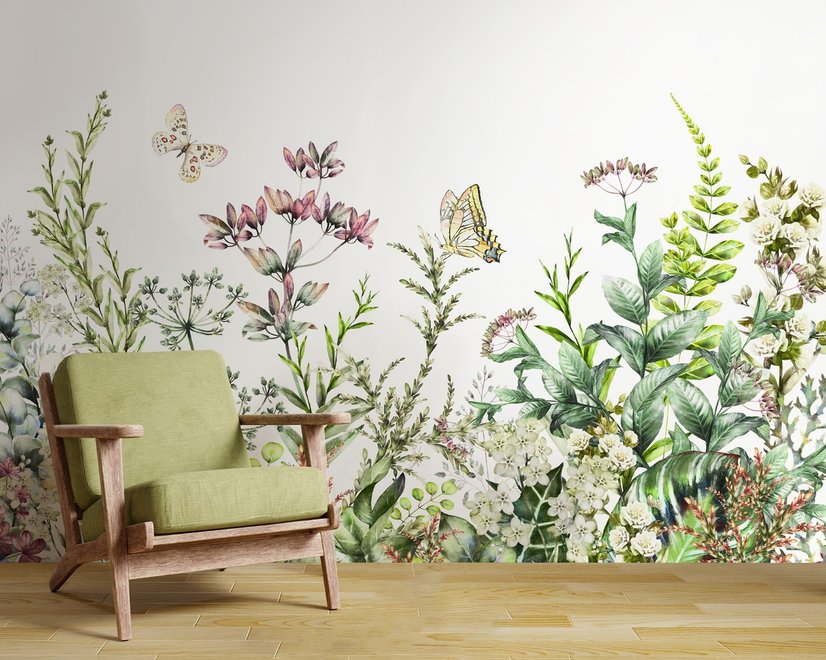 Papier peint panoramique de fleurs sauvages et de feuilles fraîches vertes