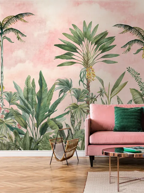 Aquarell Pink Tropisches Chinoiserie Fototapete