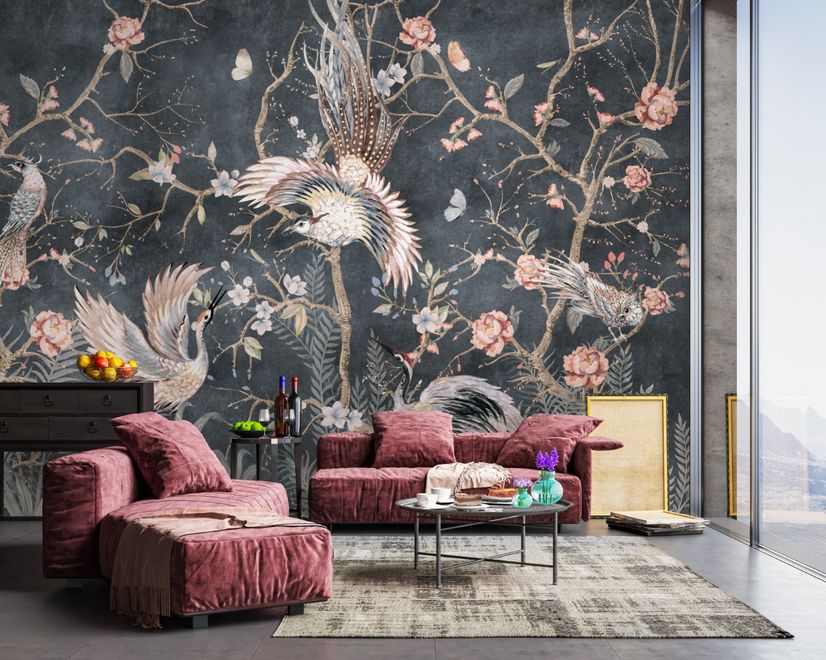 Chinoiserie Peony Blossom with Chinese Birds Wallpaper Mural