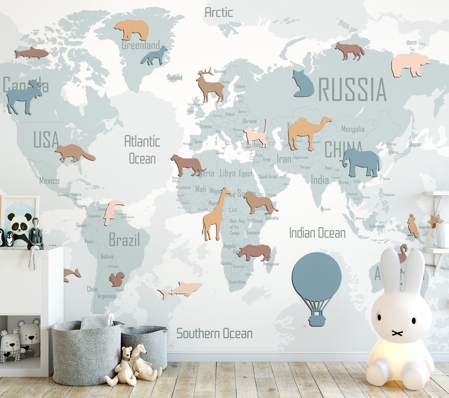 Kids Blue Political World Map with Colorful Animal Silhouette Wallpaper Mural - Peel and Stick