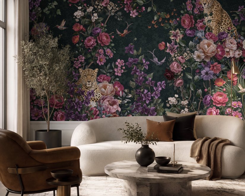 Dark Leopard Floral Garden Botanical Wallpaper Mural