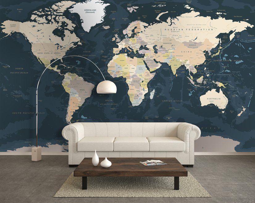 Papier peint panoramique de la carte du monde politique bleu marine