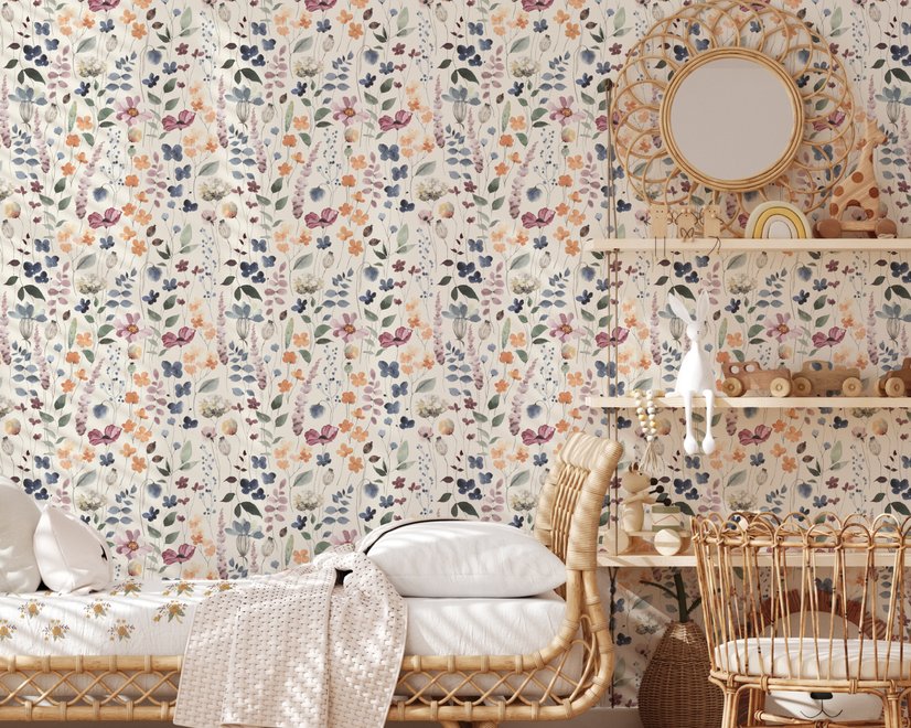Watercolour floral wallpaper repeat with navy, blue, blush and peach wildflowers on warm cream