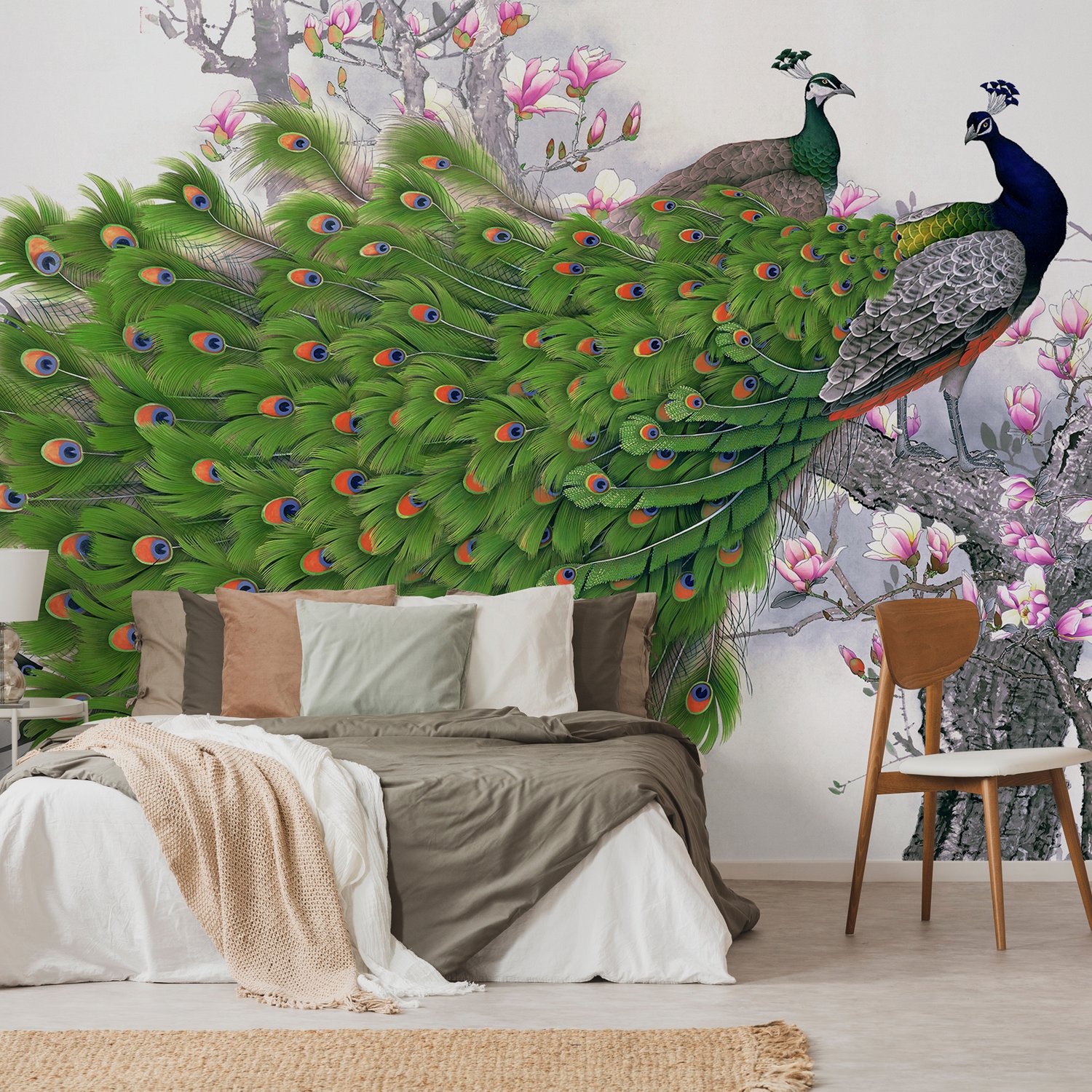 Elegant Peacock with Cherry Blossom Wallpaper Mural - Peel and Stick