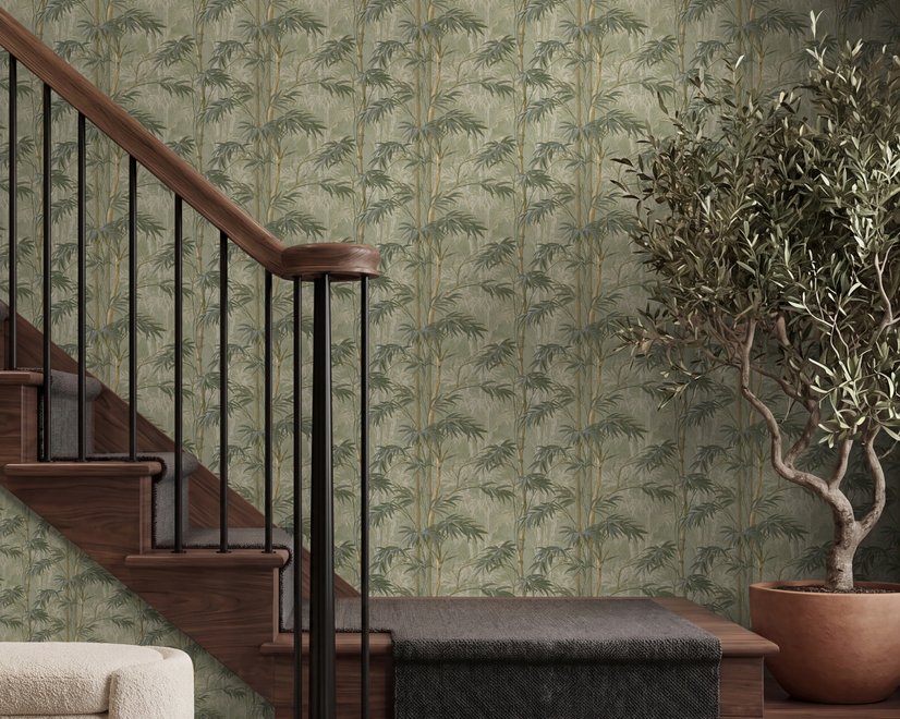 Light green and blue wallpaper with painted sage bamboo canes, olive leaves and pale celadon foliage ground