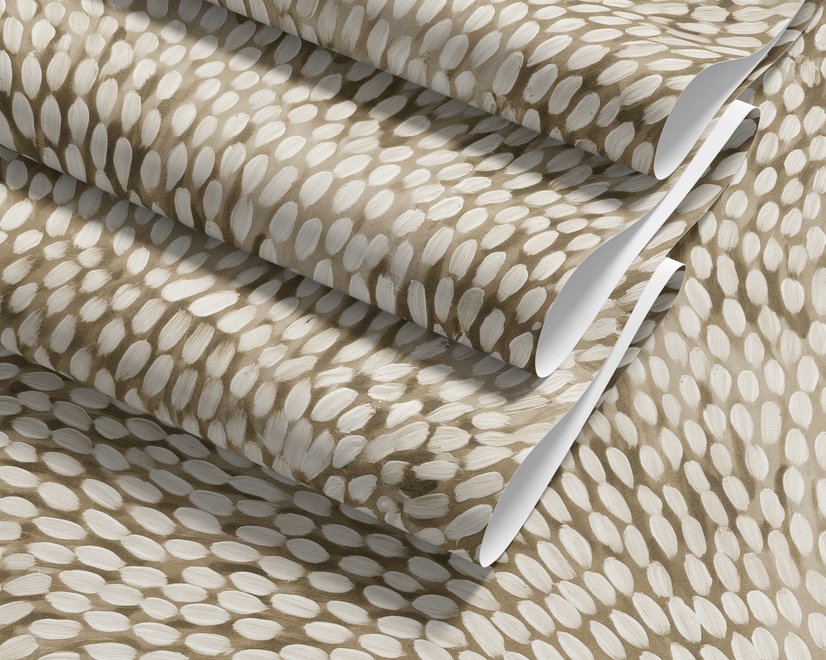 Abstract taupe and greige wallpaper with creamy white oval brush marks in flowing currents