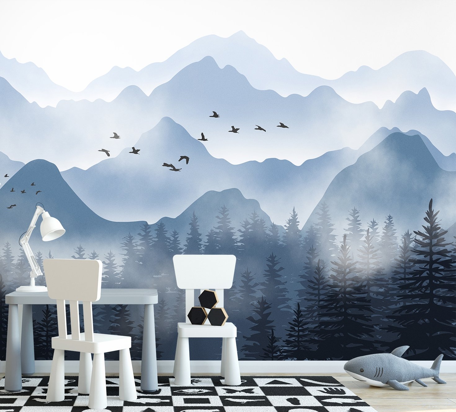 Monochrome Mountainscape with Misty Forest Wallpaper Mural - Peel and Stick