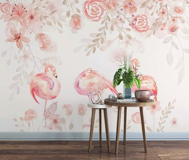 Pink Flamingo with Pink Flowers Wallpaper Mural