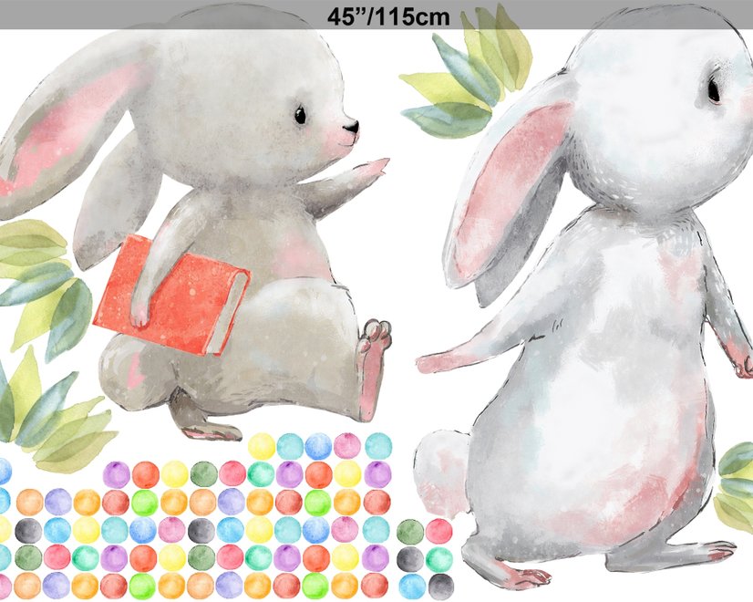 Das niedliche Kaninchen liest Bücher mit bunten Polka Dots Wandtattoo für Kinder