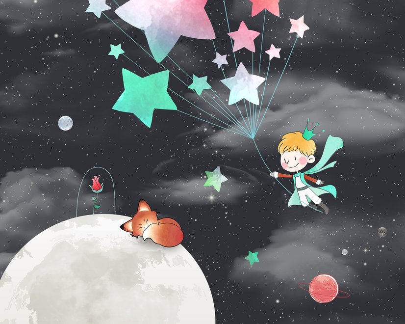 Little Prince and Moon with Watercolor Stars Wallpaper Mural
