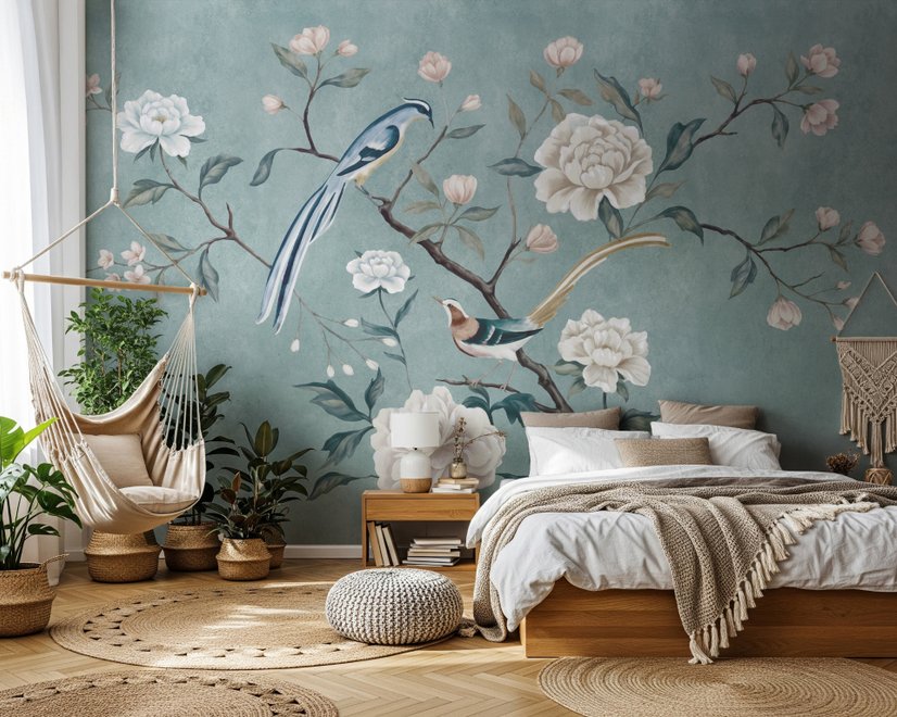 Vintage Pfingstrose Floral und Schwalben Fototapete
