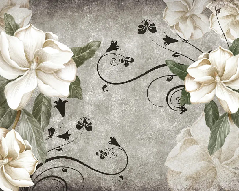 Papier peint art fleurs vintage crème