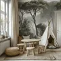 Forest in fog wallpaper with tall pine trees, grey mist, shrubs and a spiky palm in watercolour.