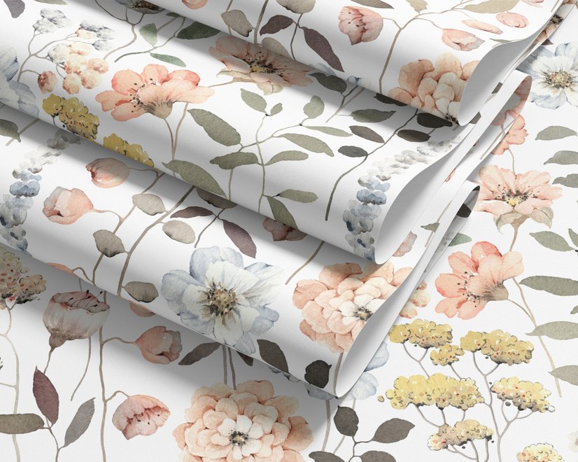 Watercolour wildflower wallpaper with pastel flowers and sage leaves on a white ground