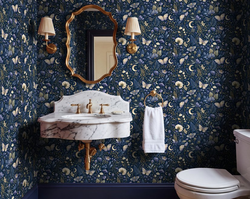 Midnight navy moody botanical wallpaper with lavender butterflies, ivory moons, gold stars, flowers and mushrooms