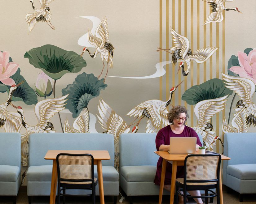 Chinese Crane Birds with Lotus Florals Wallpaper Mural