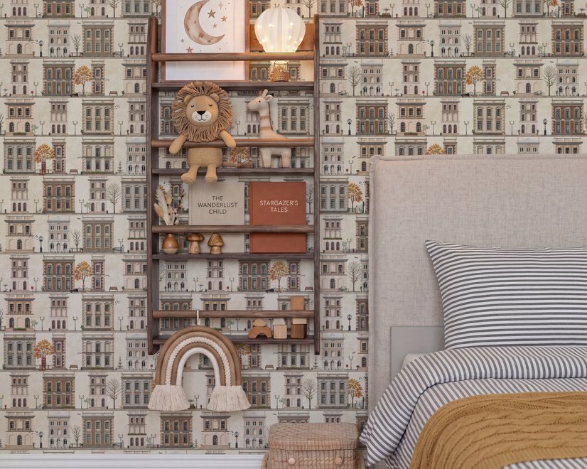 Vintage city wallpaper with illustrated European townhouses, lamps, bicycles, benches and orange-gold trees