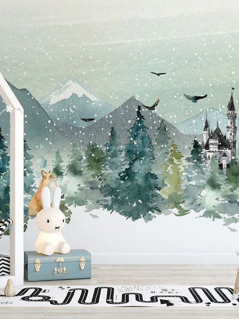 Papier peint paysage d'hiver aquarelle et renard