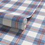 Blue and red plaid wallpaper with denim blue, cream and sky blue woven checks and fine red stripes