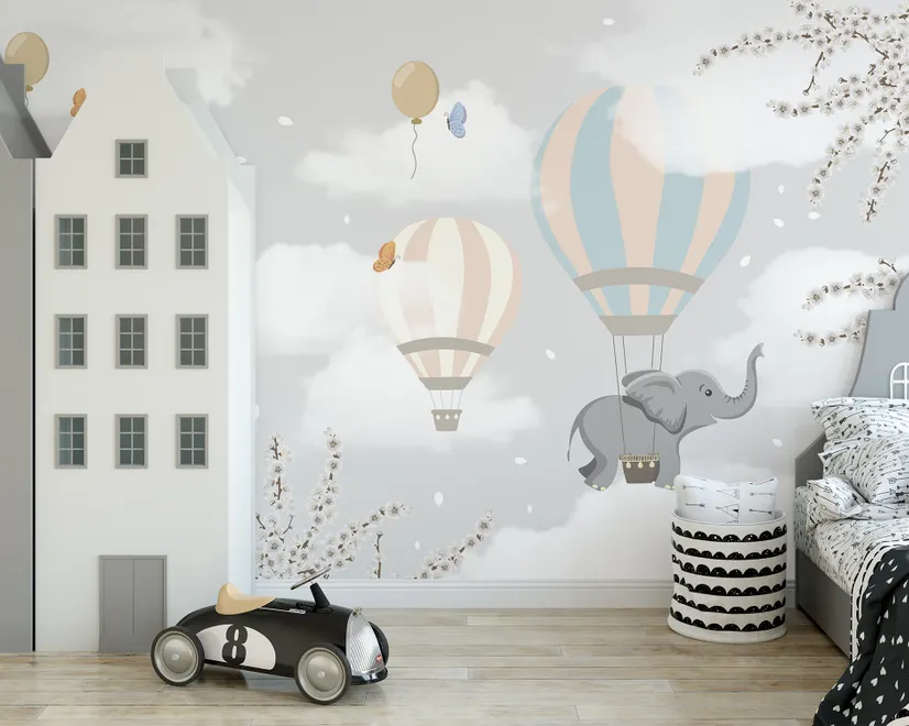 Kinder Fototapete mit Heißluftballons und Elefant
