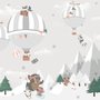 Cute Animals Playing Skate on the Snowy Mountain with Hot Air Balloon Wallpaper Mural
