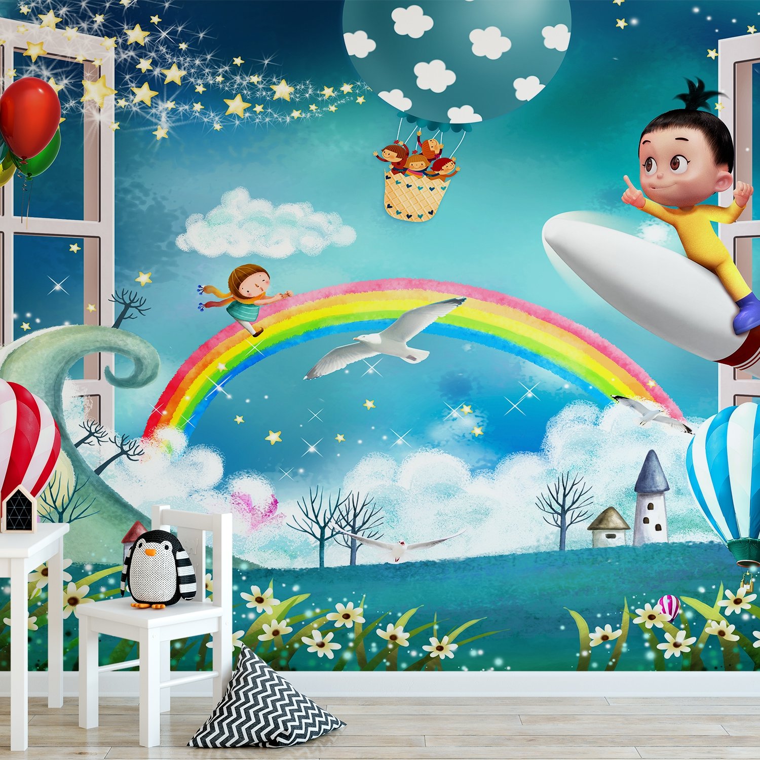 Cartoon Boo Monsters and Hot Air Balloon Wallpaper Mural - Peel and Stick