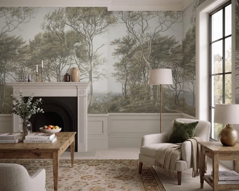 Tree wallpaper forest mural with olive coastal woodland, bare branches, shoreline path and small sailboats
