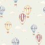 Watercolor blue wallpaper with hot air balloons, cream clouds and peach stars on pale sage green