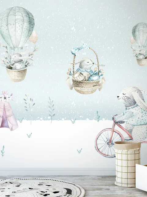 Cartoon Winterscape and Squirrels with Hot Air Balloons Wallpaper Mural