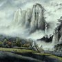Nebelige Chinesische Berglandschaft und Wasserfälle Fototapete