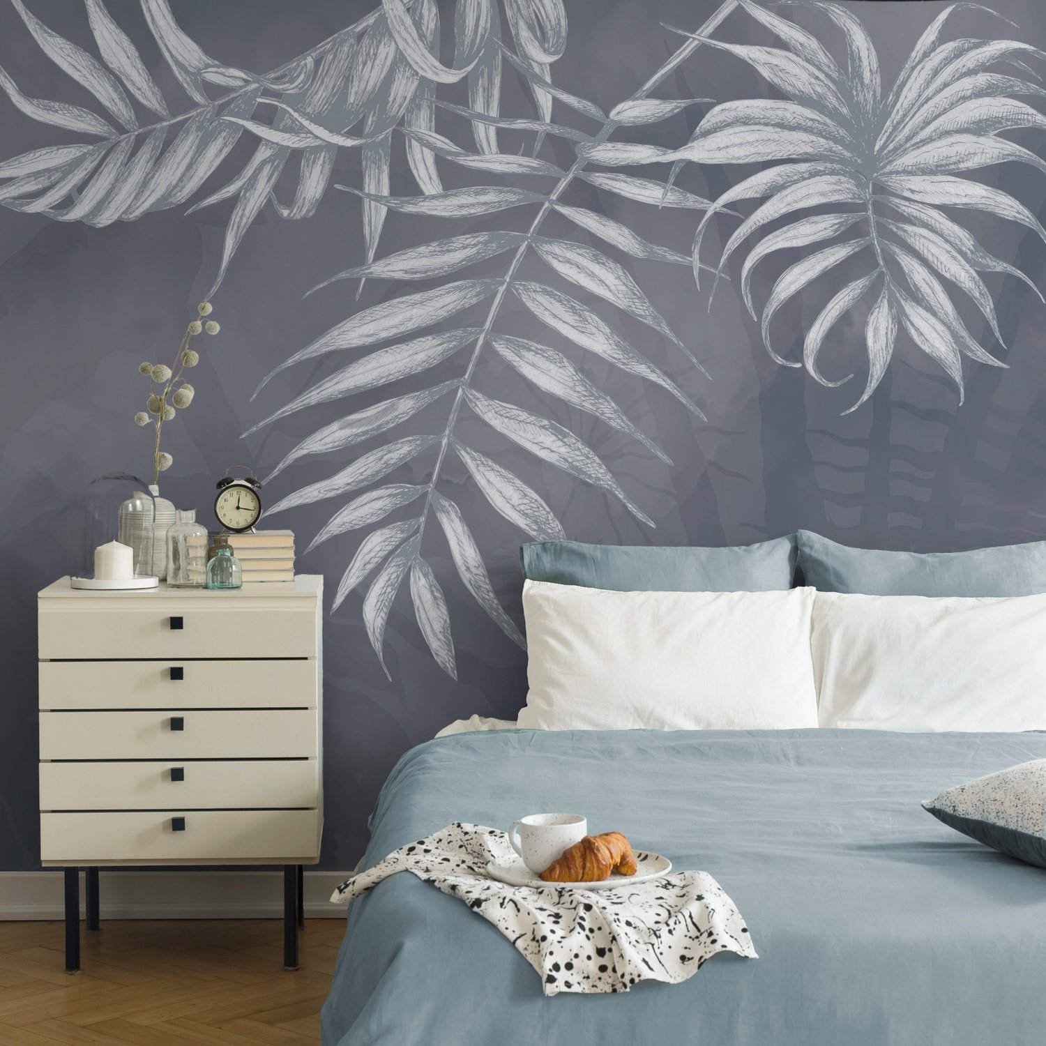White Tropical Leafy Wallpaper Mural - Peel and Stick