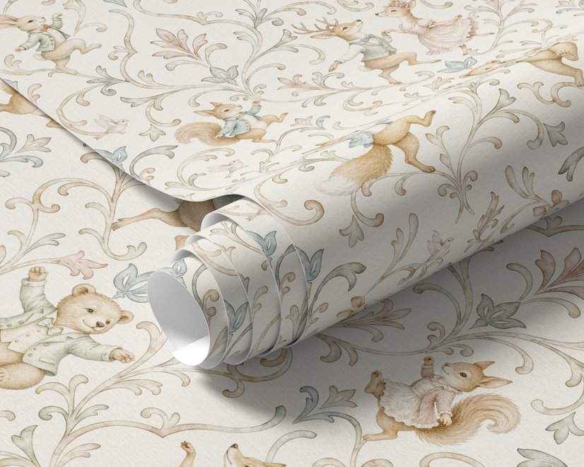 Cute rabbits wallpaper with woodland animals, white birds and acanthus scrolls on an ivory cream ground