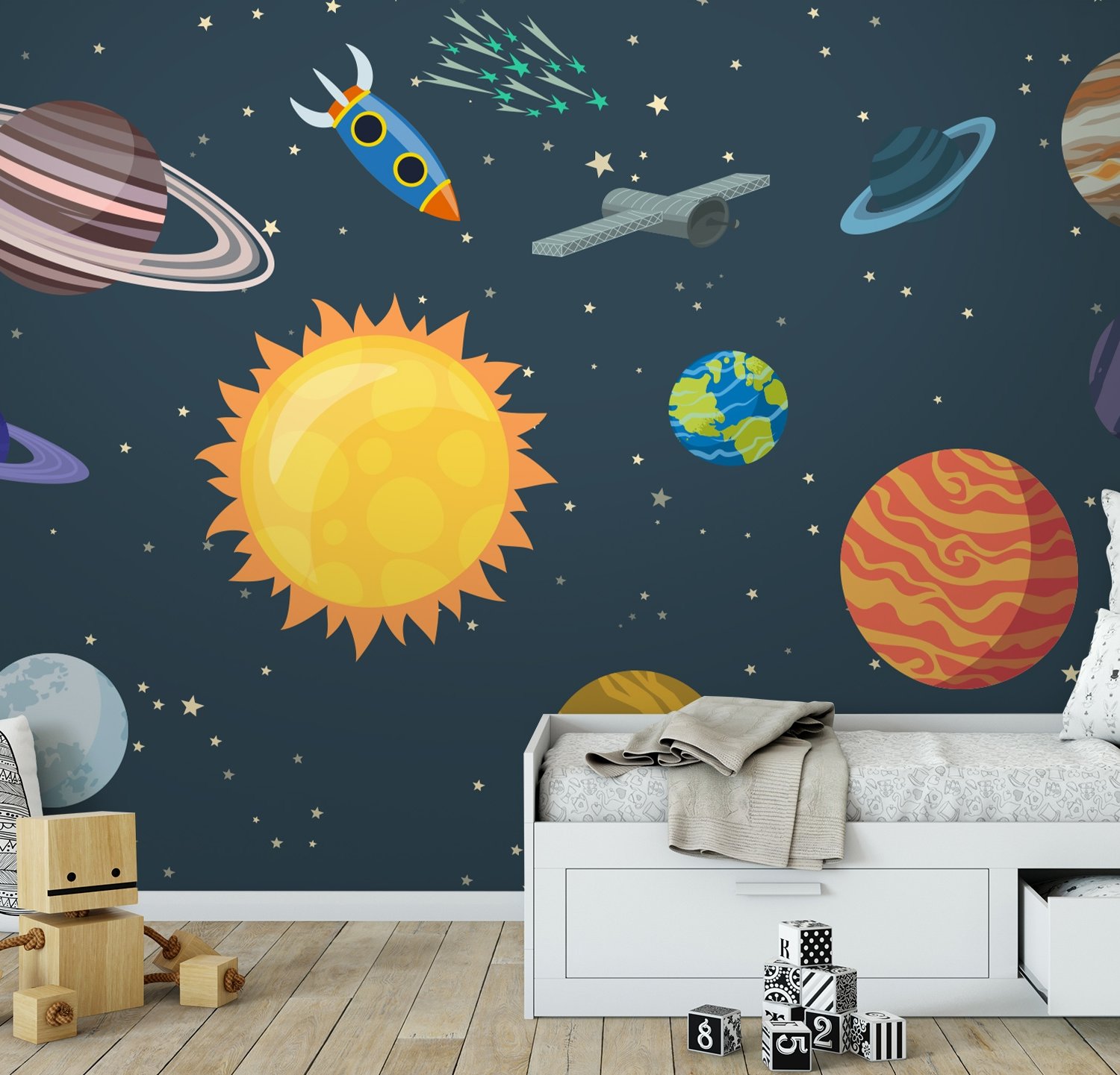 Kids Boys Watercolor Space and Solar System Wallpaper Mural - Peel and Stick