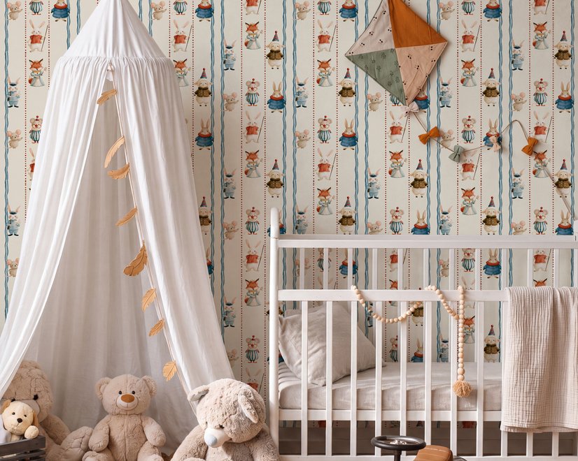 Cartoon wallpaper with rabbits, mice, a crowned fox and lambs in costumes between wavy blue stripes