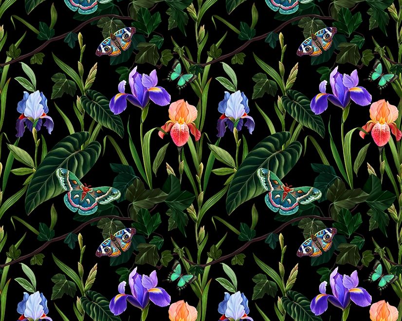 Dunkellila Blumen mit Schmetterlingen Fototapete