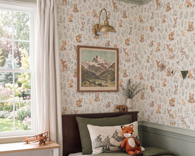 Woodland nursery wallpaper pattern with watercolour fawns, fox cubs, rabbits, teddy bears, birds and ducklings on cream