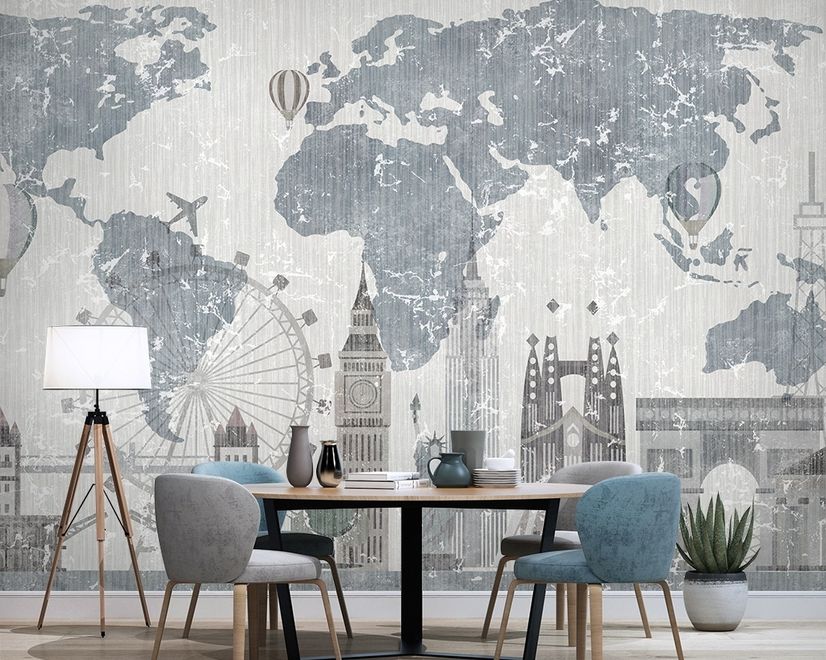 Vintage World Map with Old Hot Air Balloon Wallpaper Mural