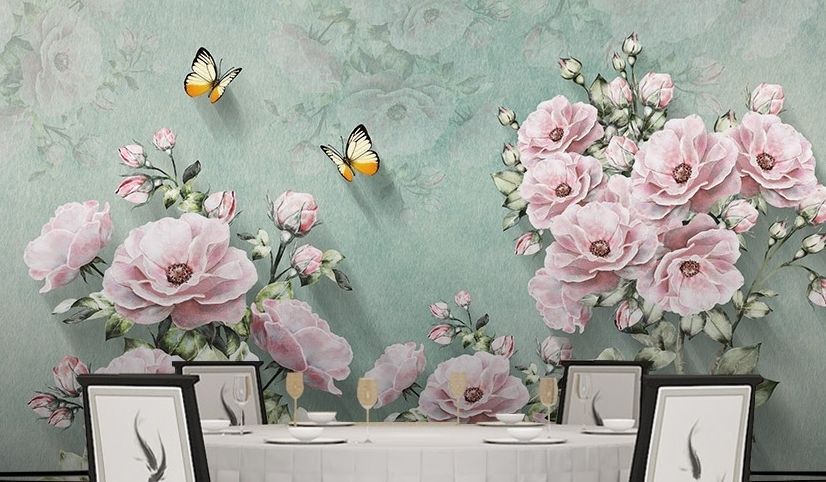 Vintage Pink Floral and Yellow Butterfly Wallpaper Mural
