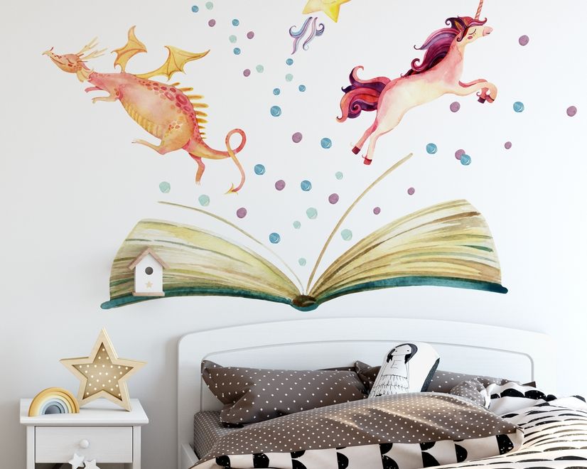 Kids Watercolor Unicorn and Dinosaurs in the Storybook Wall Decal Sticker