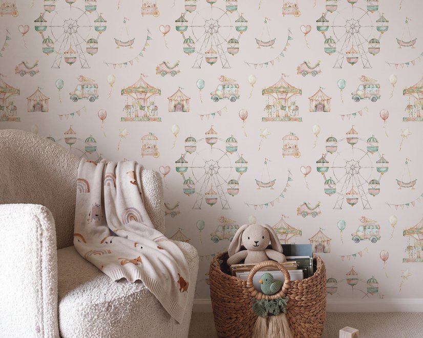 Children's playroom wallpaper with pastel Ferris wheel, carousel horses, tents and balloons on blush pink