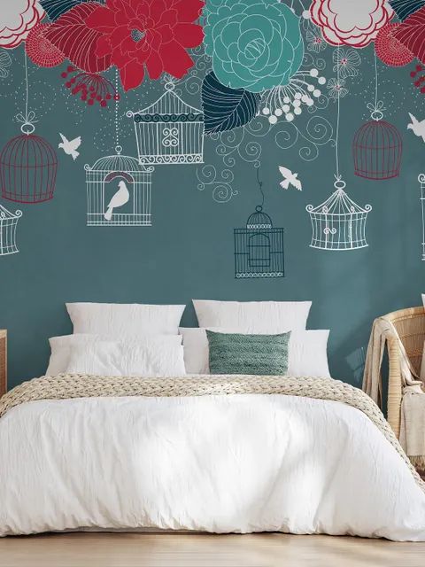 Cage Birds and Colorful Flowers Wallpaper Mural