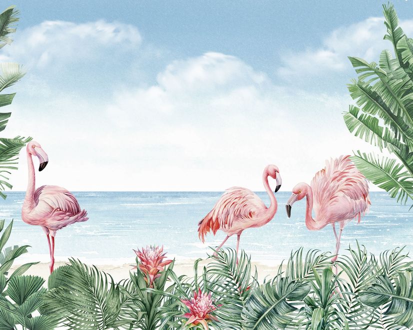 Tropical Landscape with Flamingos Wallpaper Mural