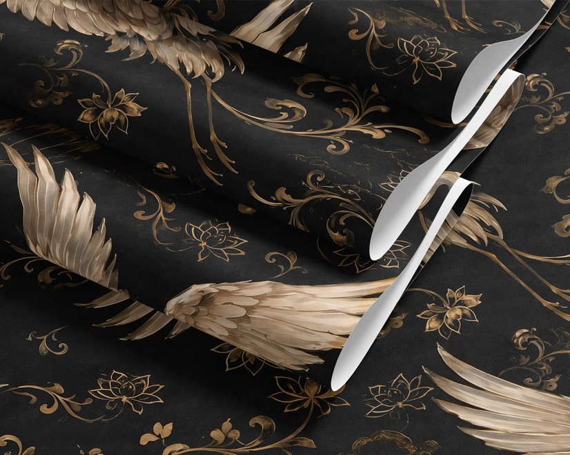 Ivory cranes and antique gold lotus flowers on charcoal-black Japanese lotus wallpaper