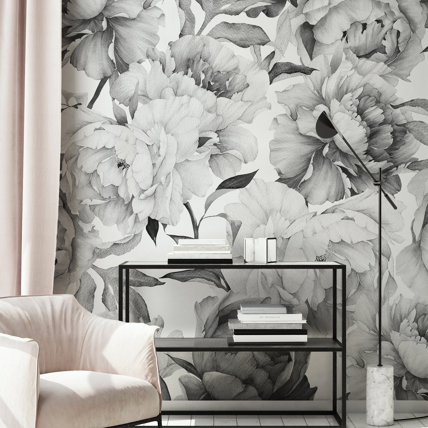 Dark Floral Charcoal Rose Flower Wallpaper Mural - Peel and Stick