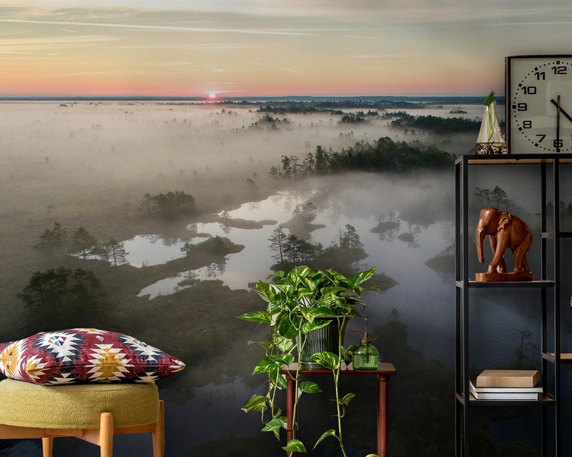 Foggy Rive Forest Landscape Wallpaper Mural