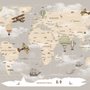 Papier peint panoramique pour enfants, beige, carte du monde et montgolfière