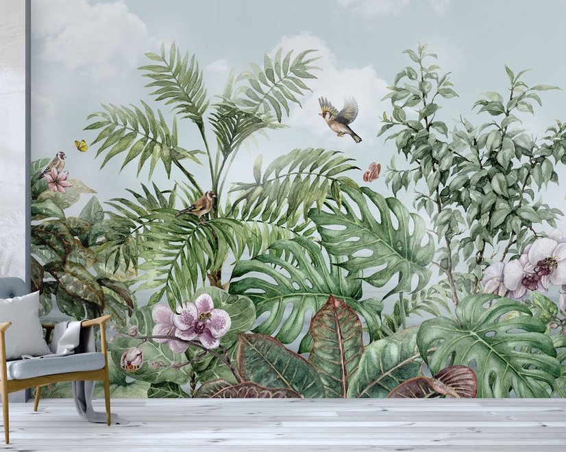 Papier peint feuilles tropicales oiseaux fleurs