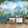 Fototapete Wasserfall und weiße Schwäne mit Gartenblumen Landschaft