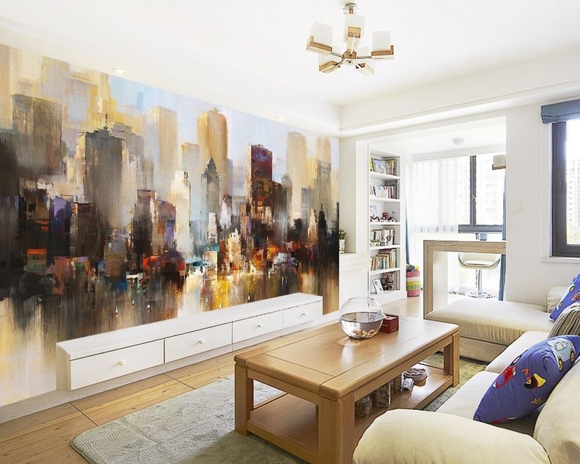 Watercolor Dark City Landscape Wallpaper Mural