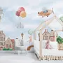 Watercolor Cute Houses with Flying Animals Wallpaper Mural for Kids